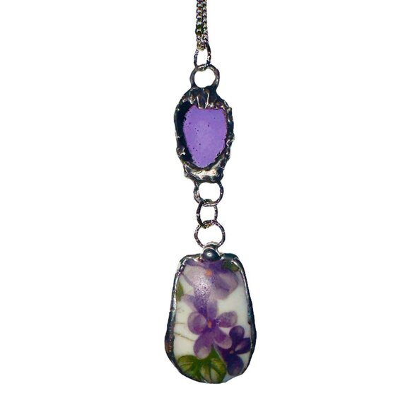 Hand Crafted Jewelry - Violets Broken China & Sea Glass Artisan Silver-Blend Metalwork Bezel Pendant